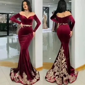 مجموعة أروين 2024 Burgundy Velvet Evening Dresses Choker Off Shoulder Mermaid Prom Gowns Dubai Saudi Arabic Women Long Sleeves Party Robes