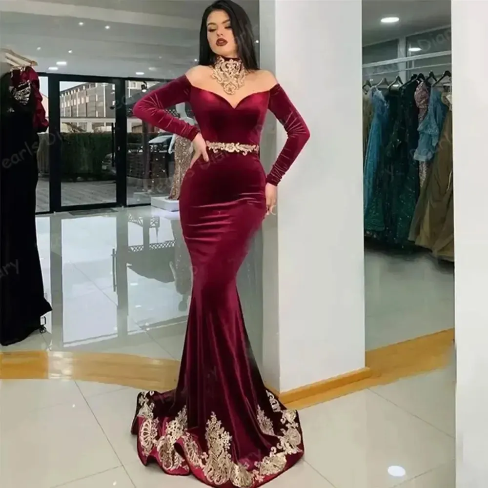 مجموعة أروين 2024 Burgundy Velvet Evening Dresses Choker Off Shoulder Mermaid Prom Gowns Dubai Saudi Arabic Women Long Sleeves Party Robes