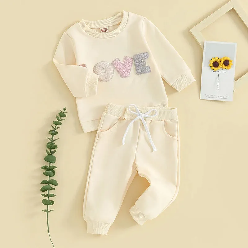 0-3Y Toddler Baby Girl Outfit Plush Letter Embroidery Long Sleeve Sweatshirt Elastic Pants 2pcs Set Infant Fall Winter Clothes