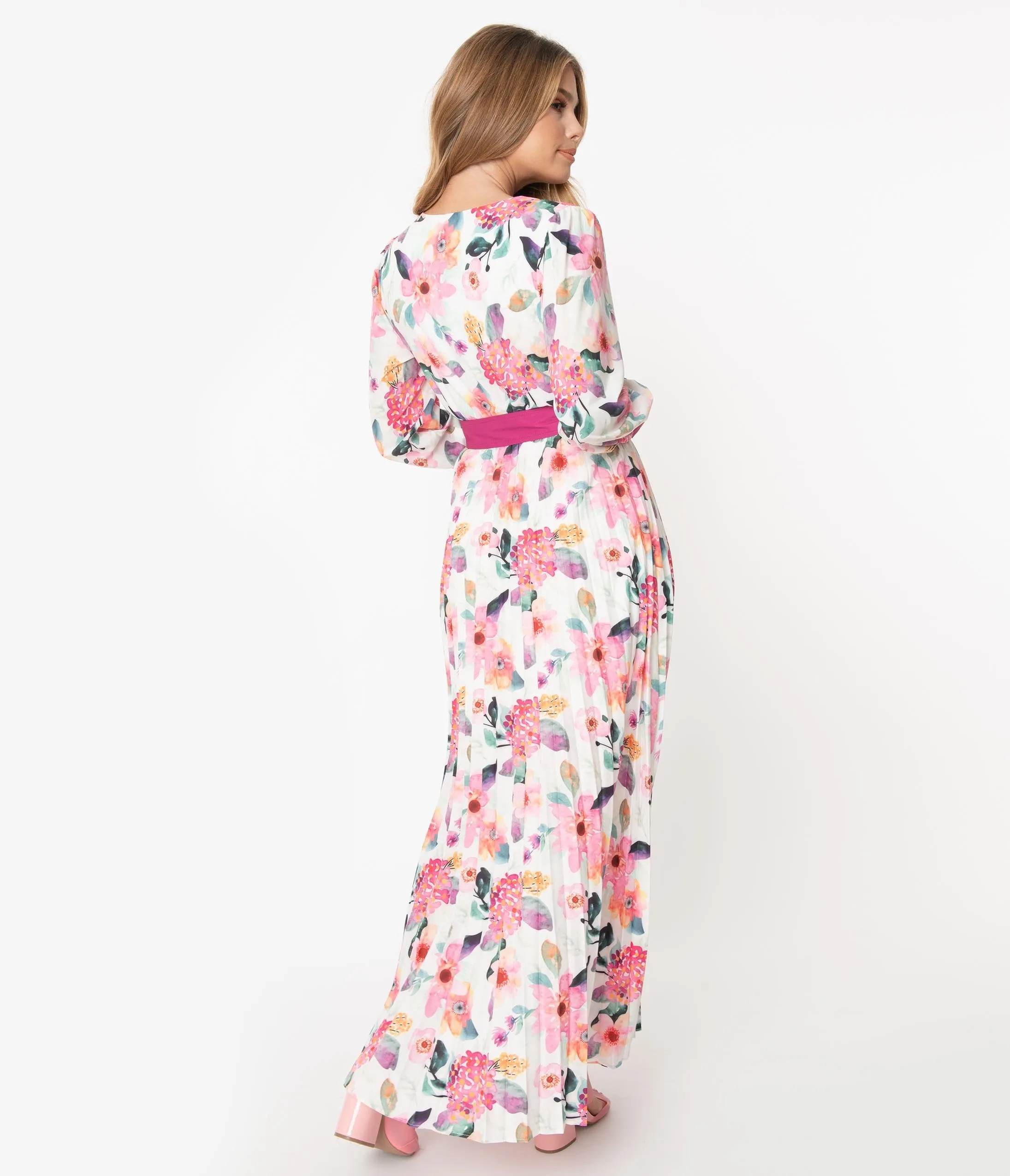 1970s Ivory & Pink Watercolor Floral Print Belted Maxi Dress