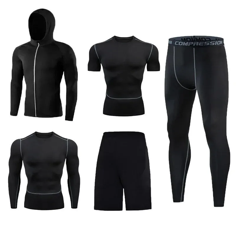 5 Pcs Mens Compression Set Running Tights Workout Fitness Training Tracksuit Short sleeve Shirts Sport Suit kit S-4XL