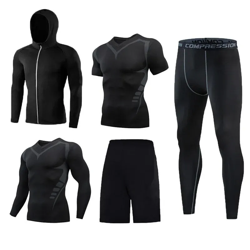 5 Pcs Mens Compression Set Running Tights Workout Fitness Training Tracksuit Short sleeve Shirts Sport Suit kit S-4XL