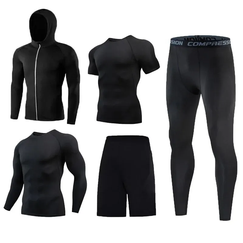 5 Pcs Mens Compression Set Running Tights Workout Fitness Training Tracksuit Short sleeve Shirts Sport Suit kit S-4XL