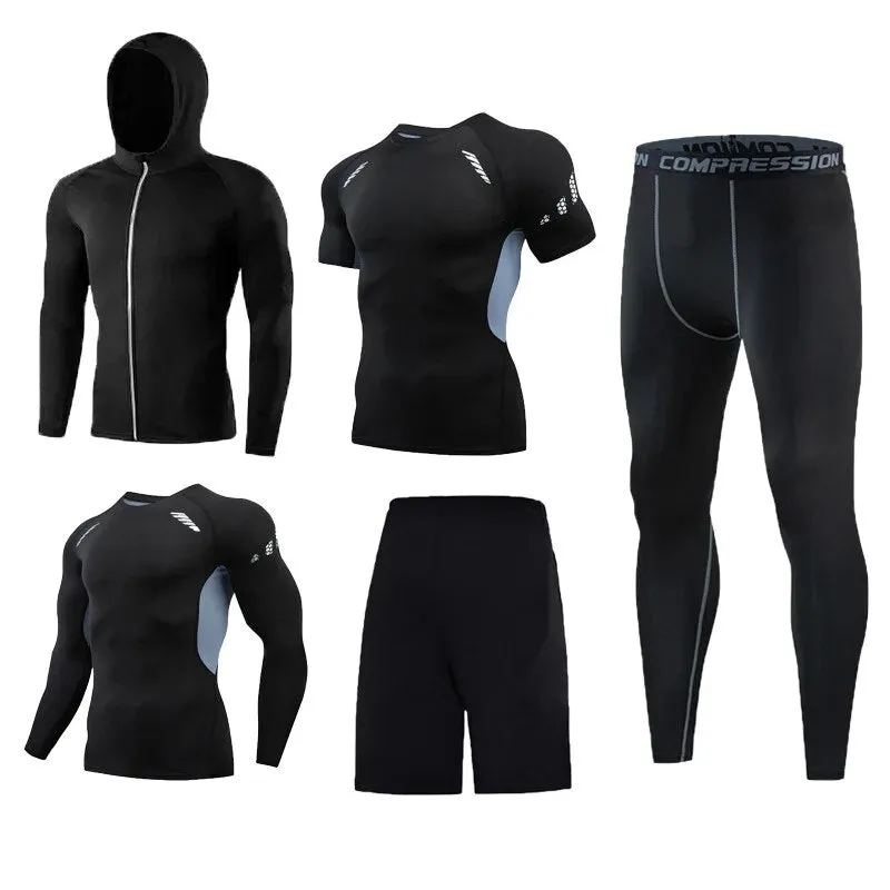 5 Pcs Mens Compression Set Running Tights Workout Fitness Training Tracksuit Short sleeve Shirts Sport Suit kit S-4XL