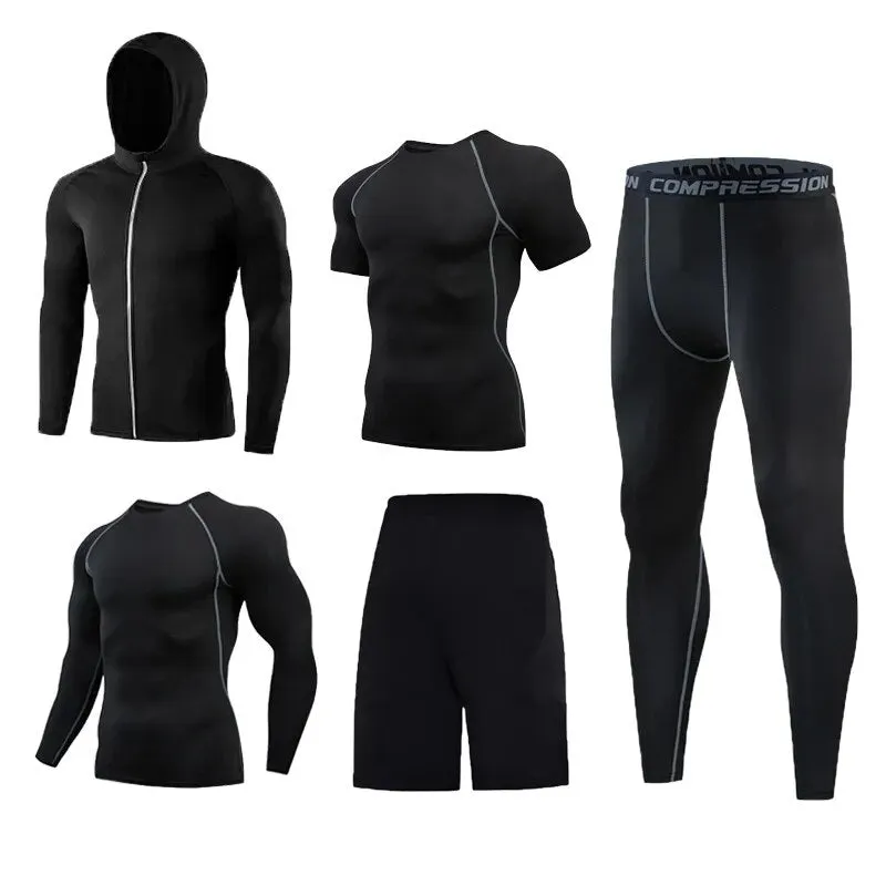 5 Pcs Mens Compression Set Running Tights Workout Fitness Training Tracksuit Short sleeve Shirts Sport Suit kit S-4XL