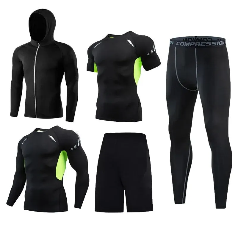 5 Pcs Mens Compression Set Running Tights Workout Fitness Training Tracksuit Short sleeve Shirts Sport Suit kit S-4XL