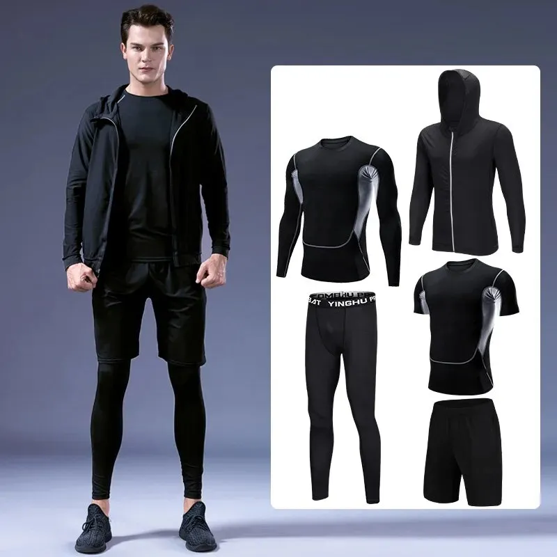 5 Pcs Mens Compression Set Running Tights Workout Fitness Training Tracksuit Short sleeve Shirts Sport Suit kit S-4XL