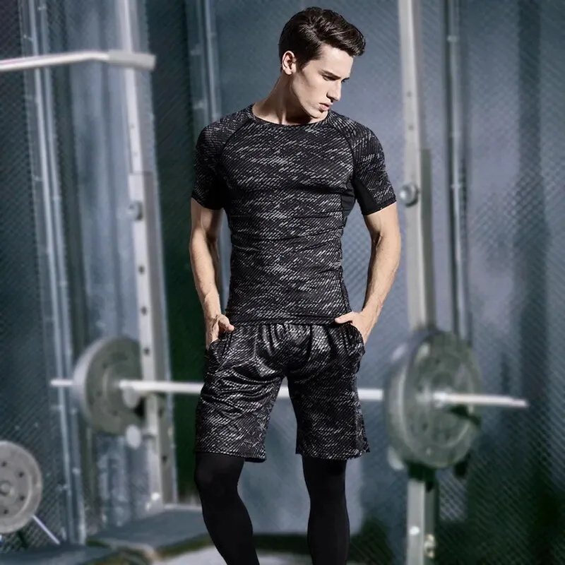 5 Pcs Mens Compression Set Running Tights Workout Fitness Training Tracksuit Short sleeve Shirts Sport Suit kit S-4XL