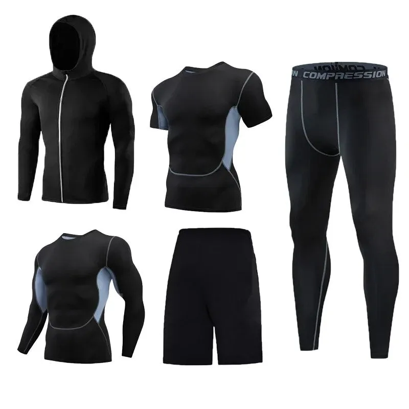 5 Pcs Mens Compression Set Running Tights Workout Fitness Training Tracksuit Short sleeve Shirts Sport Suit kit S-4XL