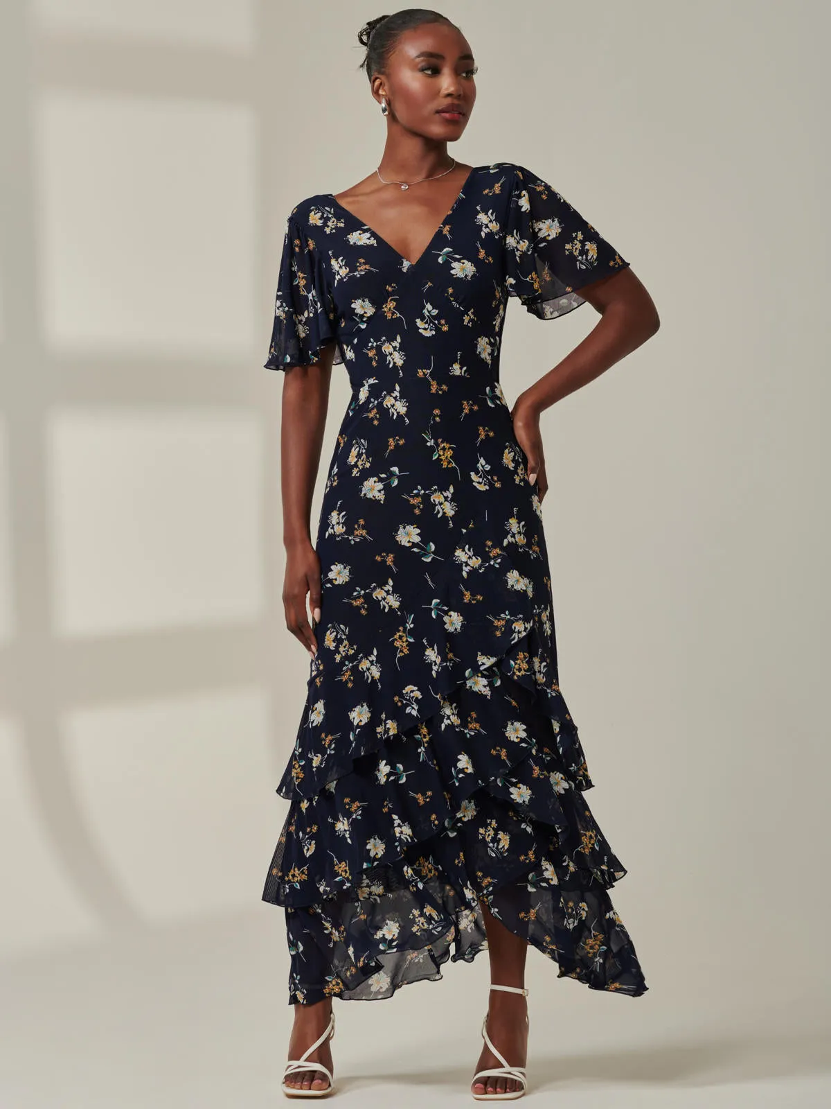 Angel Sleeve Tiered Hem Maxi Dress, Navy Floral