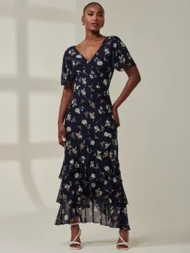 Angel Sleeve Tiered Hem Maxi Dress, Navy Floral