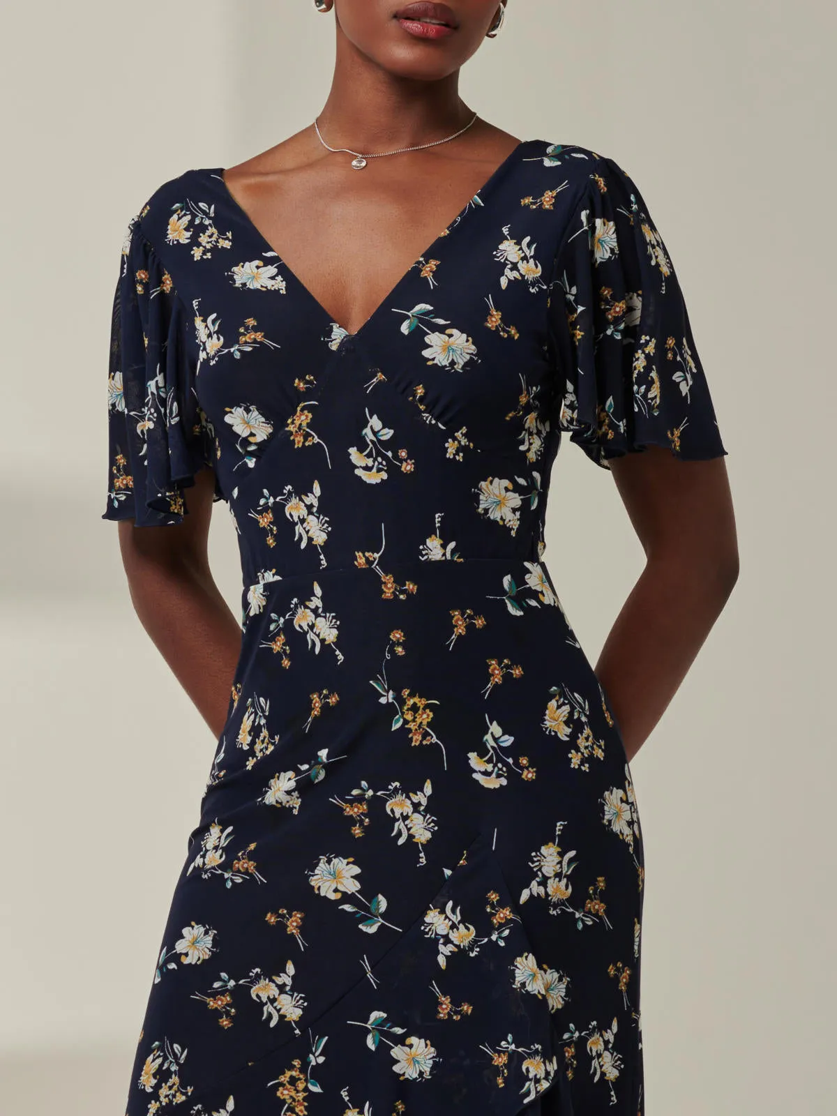 Angel Sleeve Tiered Hem Maxi Dress, Navy Floral