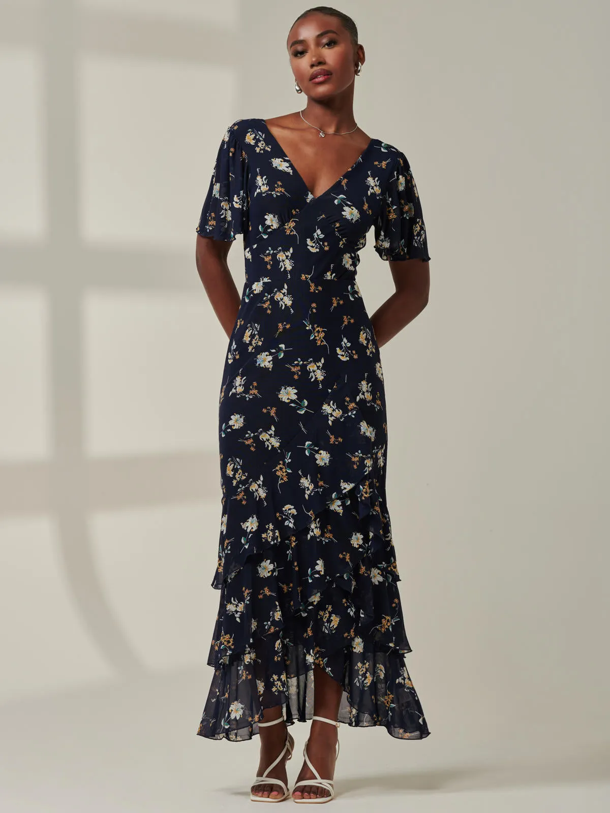 Angel Sleeve Tiered Hem Maxi Dress, Navy Floral