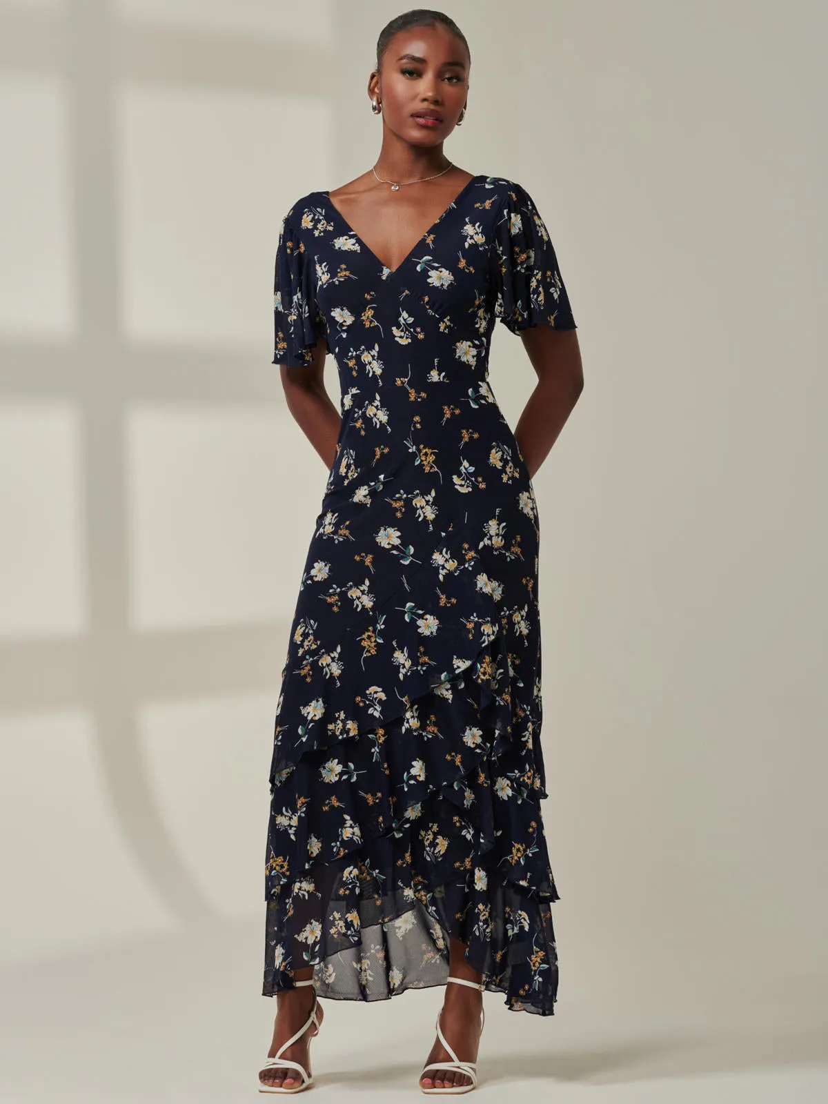 Angel Sleeve Tiered Hem Maxi Dress, Navy Floral