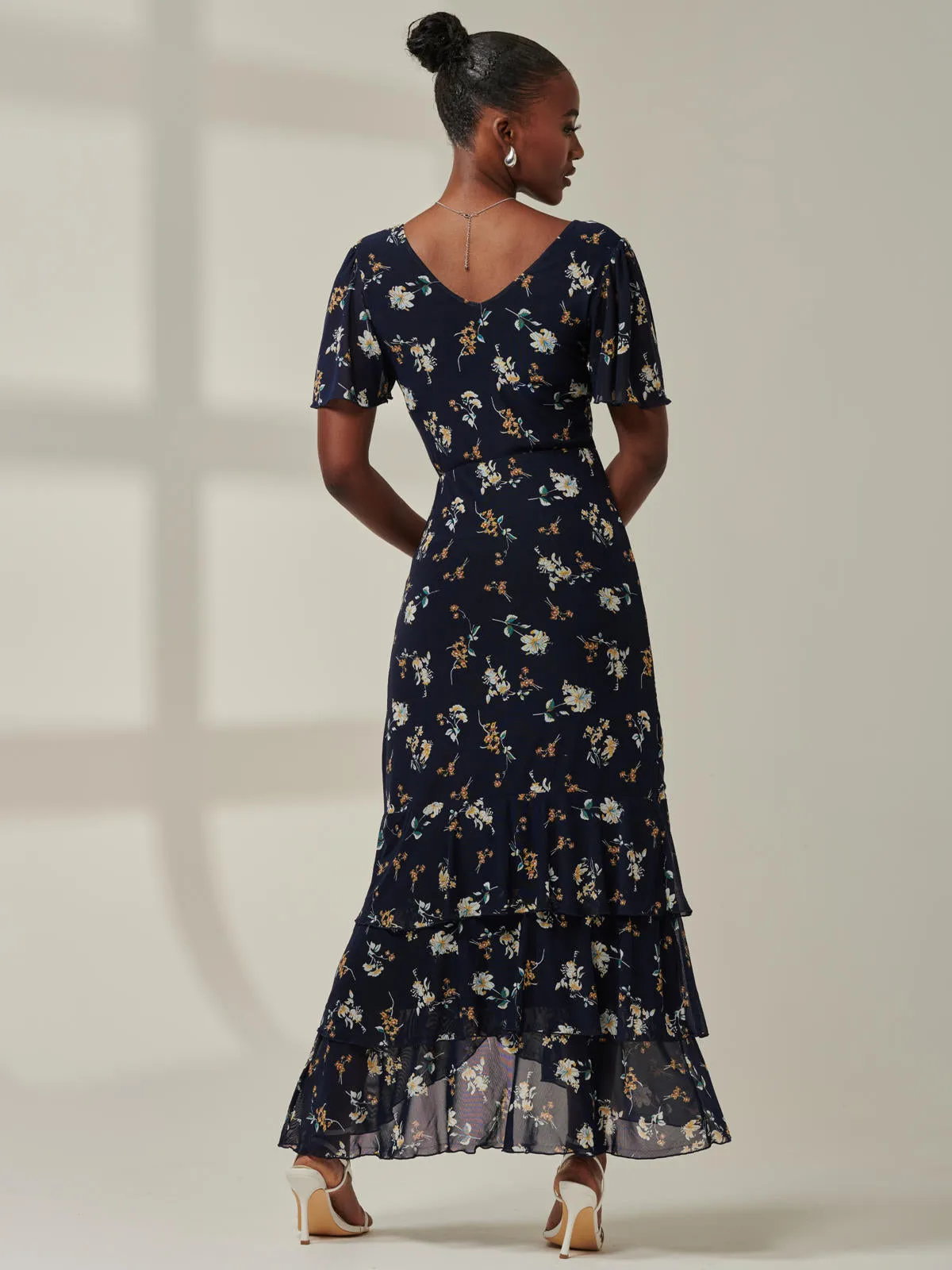 Angel Sleeve Tiered Hem Maxi Dress, Navy Floral