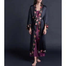 Asteria Kimono Robe in Black Silk Charmeuse with Liberty of London Decadent Blooms Contrast