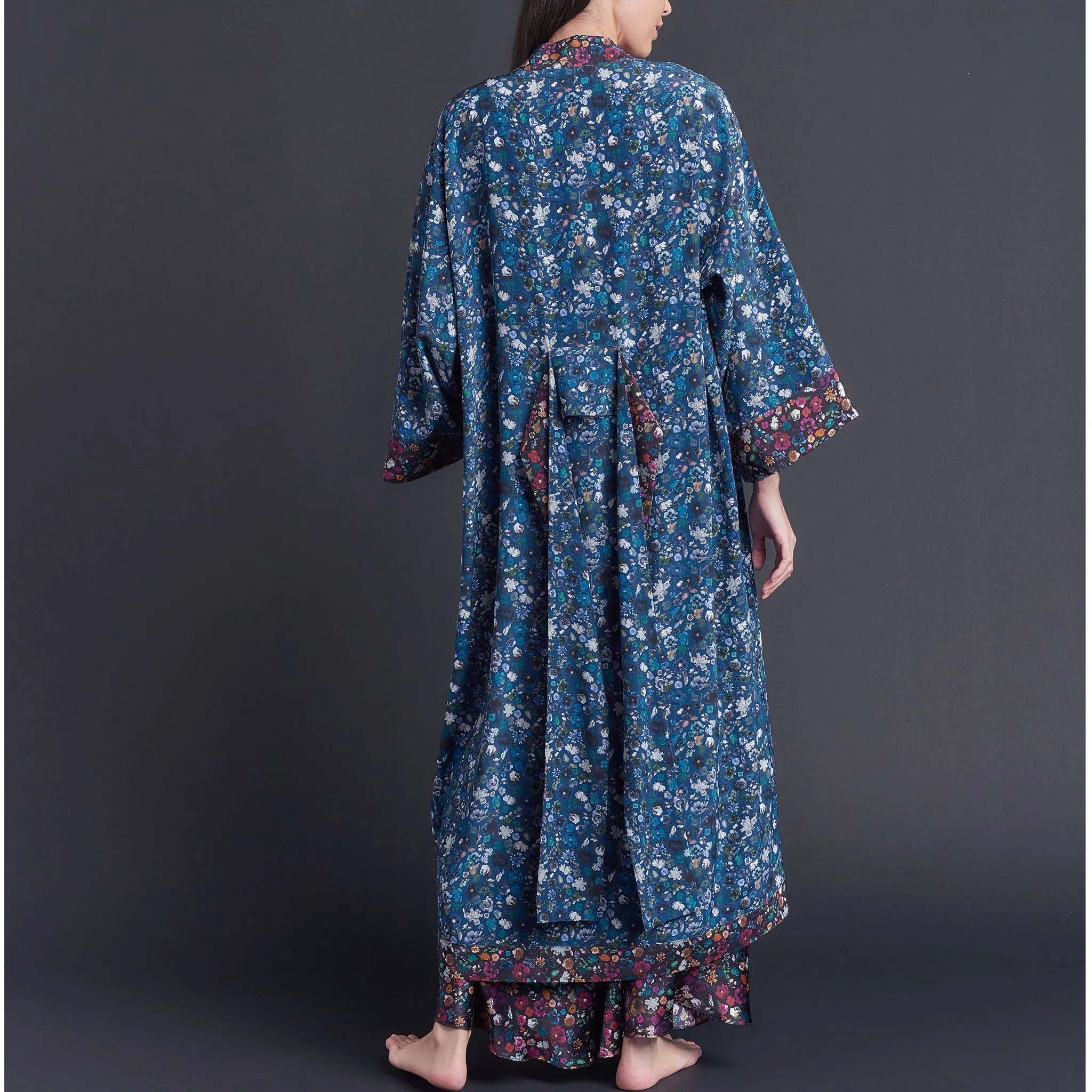 Asteria Kimono Robe in Blue Floral Edit Liberty of London Print Silk Crepe De Chine