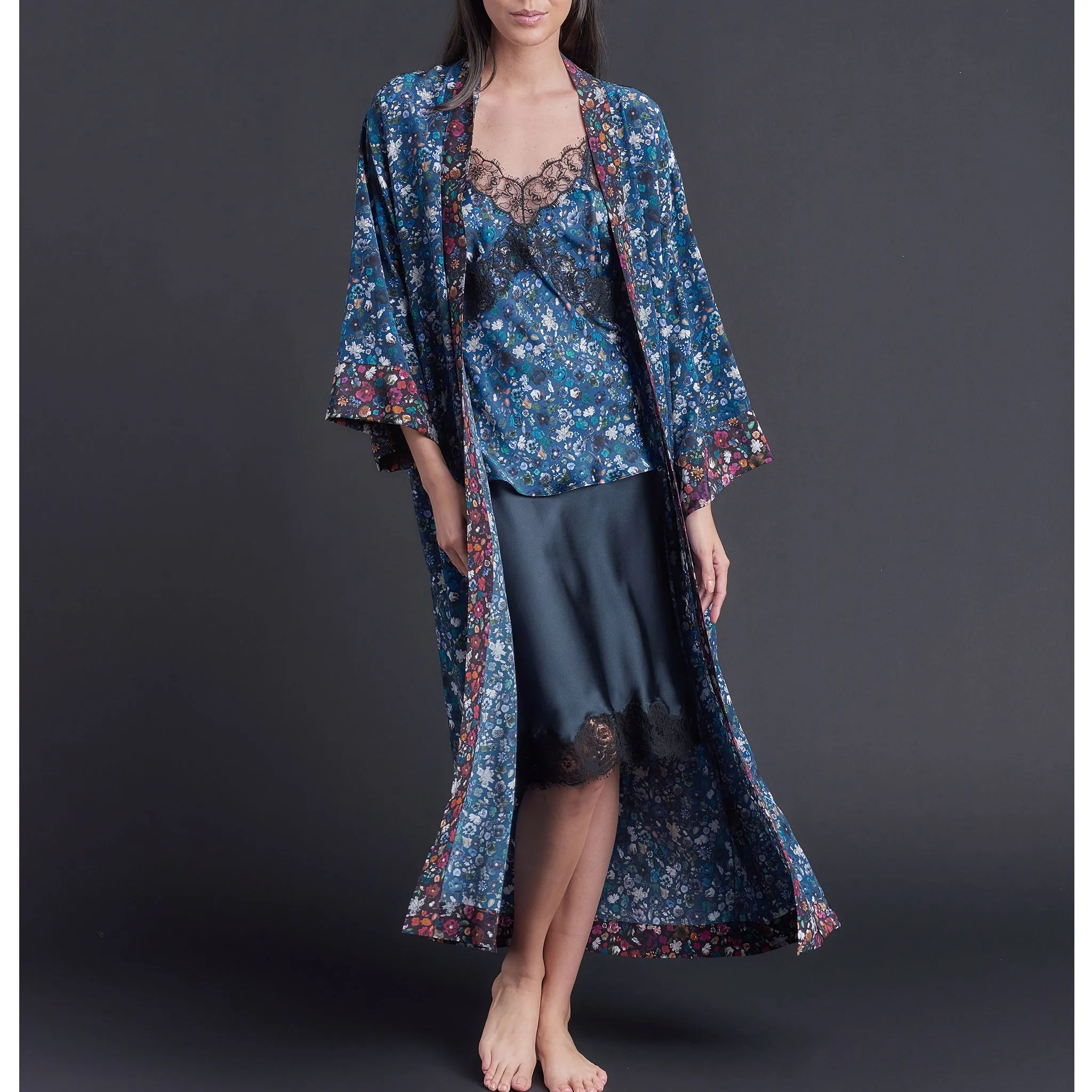 Asteria Kimono Robe in Blue Floral Edit Liberty of London Print Silk Crepe De Chine