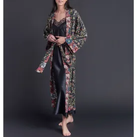 Asteria Kimono Robe in Liberty of London Black Lockwood Print Silk Crepe De Chine