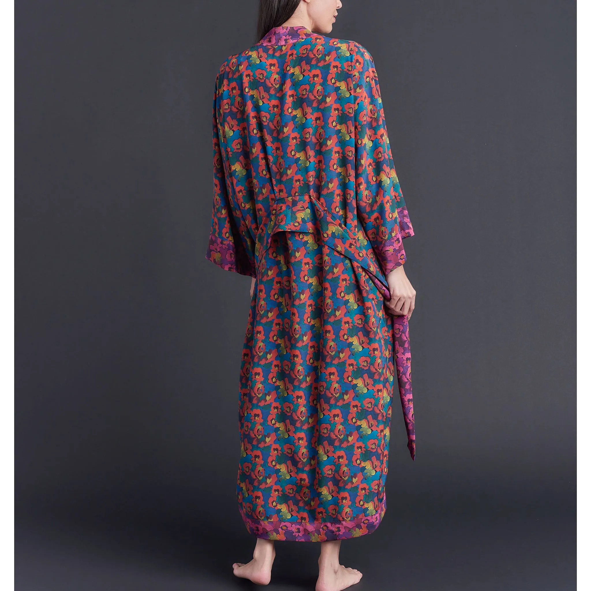 Asteria Kimono Robe in Orange Blue Gemma Rose Liberty of London Print Silk Crepe De Chine