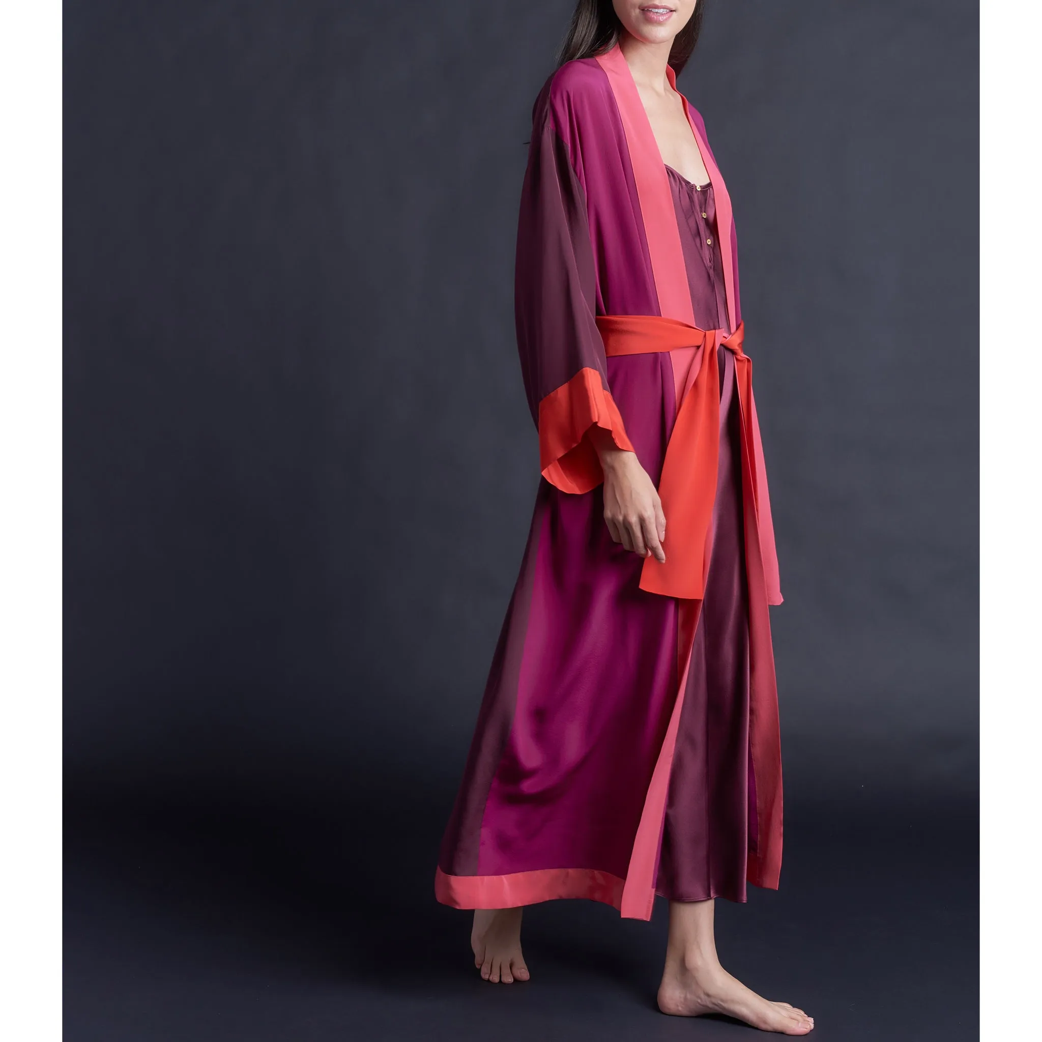 Asteria Kimono Robe in Silk Crepe De Chine Colorblock Reds