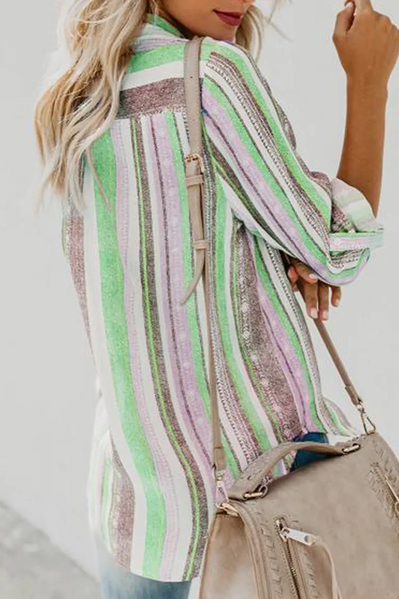 Casual Striped Patchwork Turndown Collar Tops(8 colors)