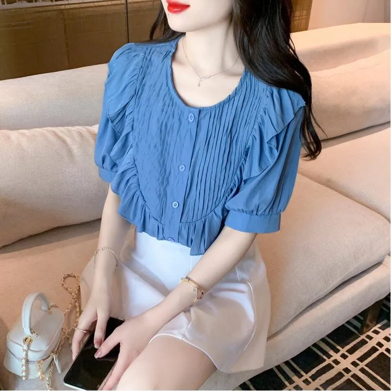 Chiffon Ruffle Trim Round Neck Blouse