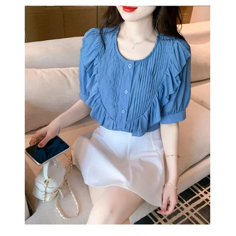 Chiffon Ruffle Trim Round Neck Blouse