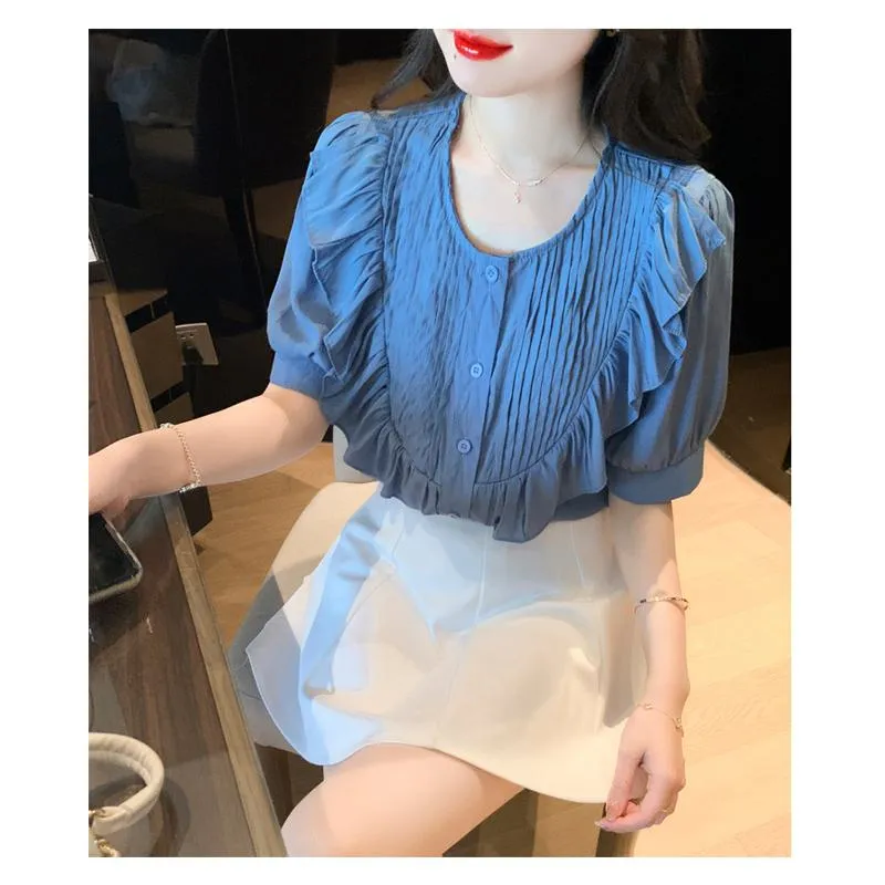 Chiffon Ruffle Trim Round Neck Blouse