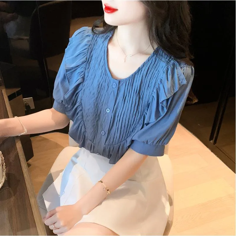 Chiffon Ruffle Trim Round Neck Blouse