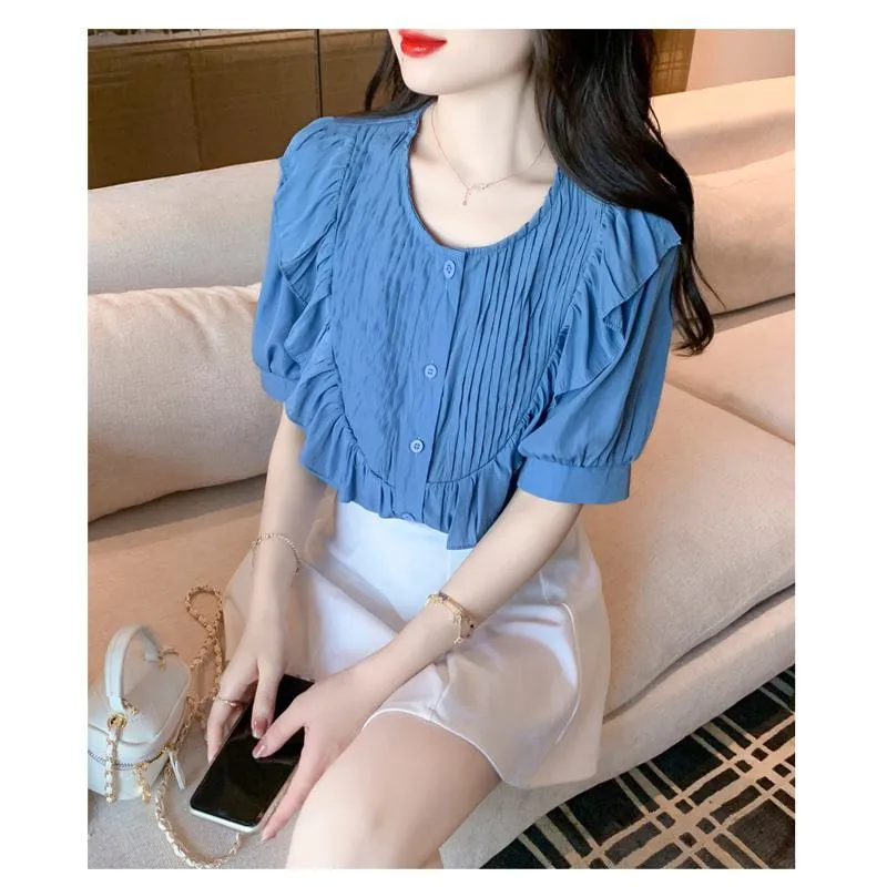 Chiffon Ruffle Trim Round Neck Blouse