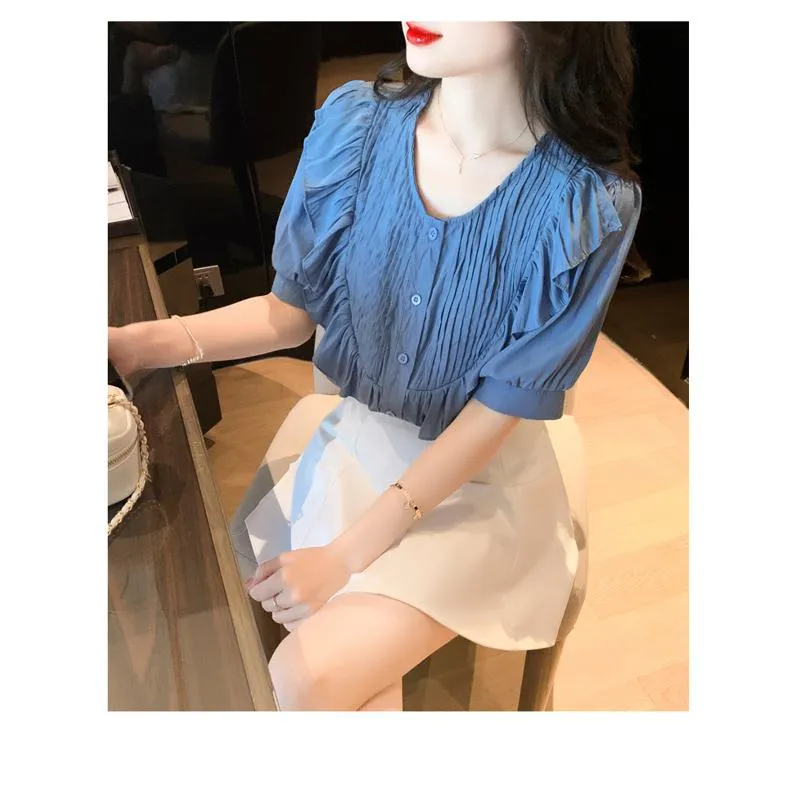 Chiffon Ruffle Trim Round Neck Blouse