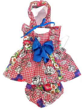 CLEARANCE SALE  Ela Confeccion - Girls Red & Blue Multi Print Floral Dress, Knickers & Bonnet Set 18m