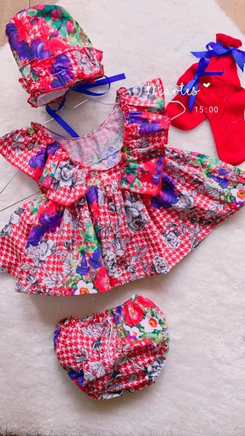 CLEARANCE SALE  Ela Confeccion - Girls Red & Blue Multi Print Floral Dress, Knickers & Bonnet Set 18m