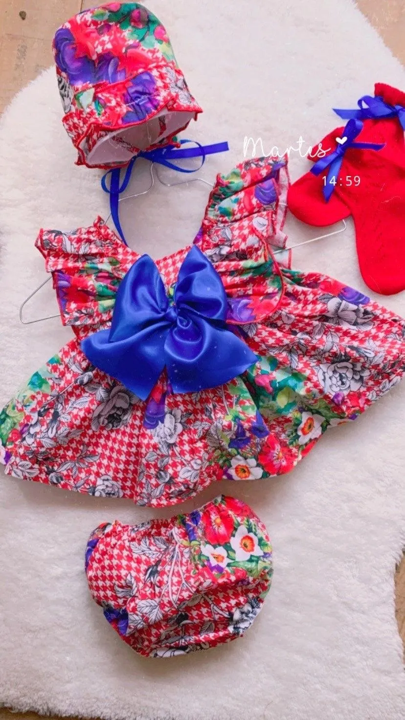 CLEARANCE SALE  Ela Confeccion - Girls Red & Blue Multi Print Floral Dress, Knickers & Bonnet Set 18m