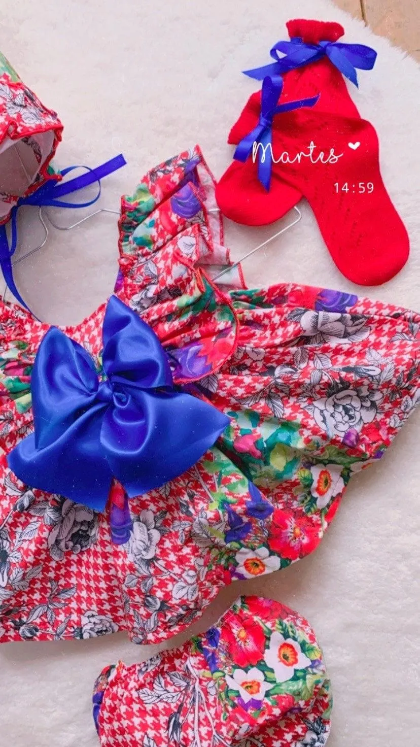 CLEARANCE SALE  Ela Confeccion - Girls Red & Blue Multi Print Floral Dress, Knickers & Bonnet Set 18m