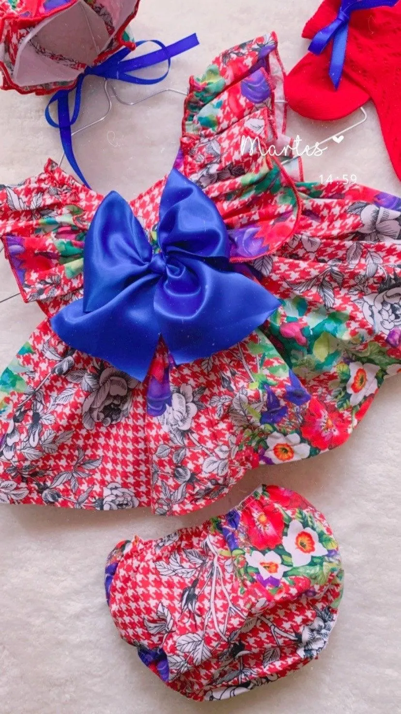 CLEARANCE SALE  Ela Confeccion - Girls Red & Blue Multi Print Floral Dress, Knickers & Bonnet Set 18m