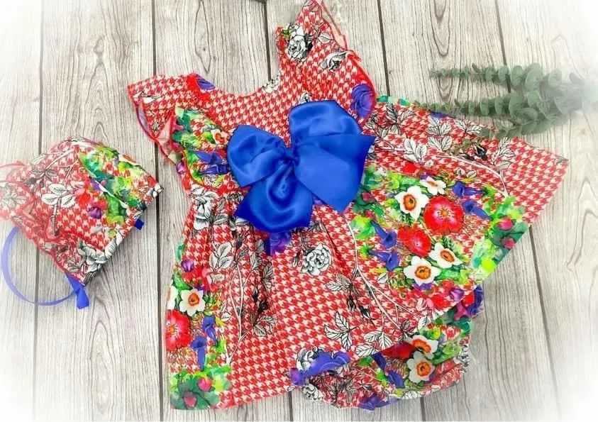 CLEARANCE SALE  Ela Confeccion - Girls Red & Blue Multi Print Floral Dress, Knickers & Bonnet Set 18m