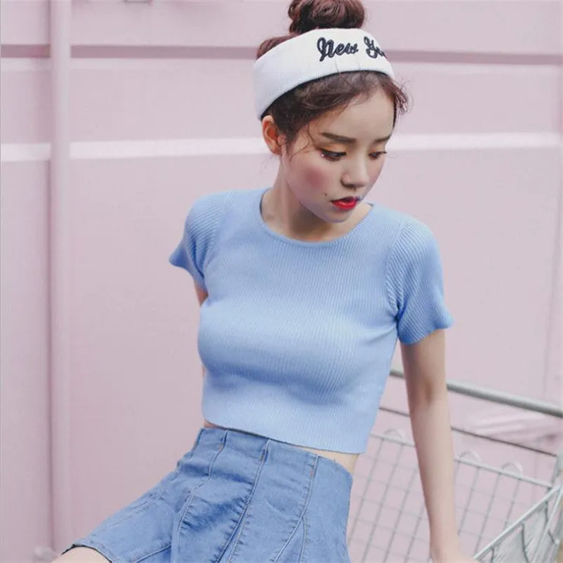 Elastic Slim Fit Knitted Crop Top Shirt