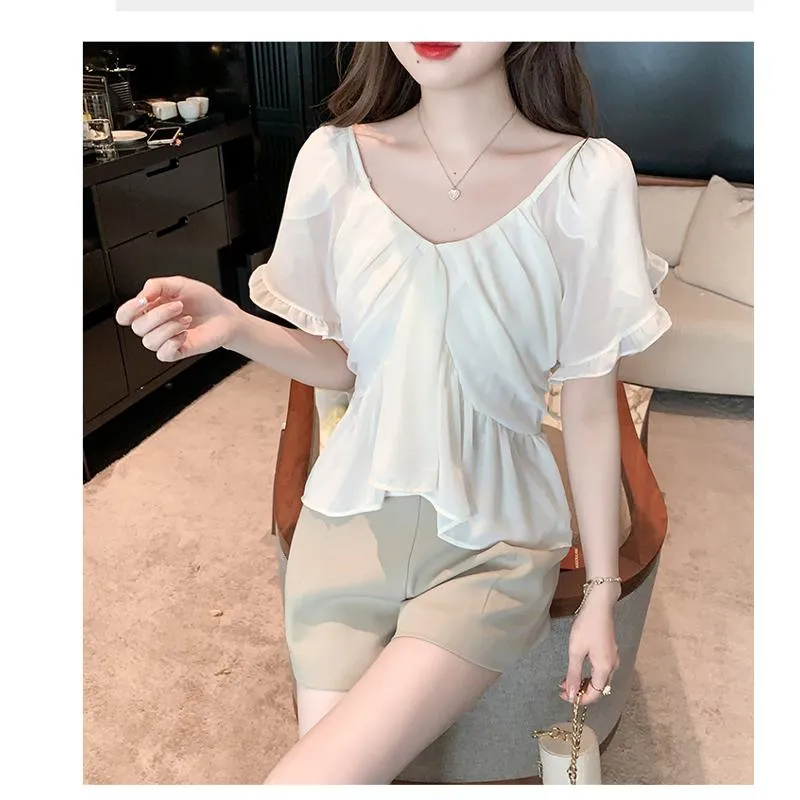 Fairy Flounce Sleeves Gentle V-Neck Chiffon Blouse