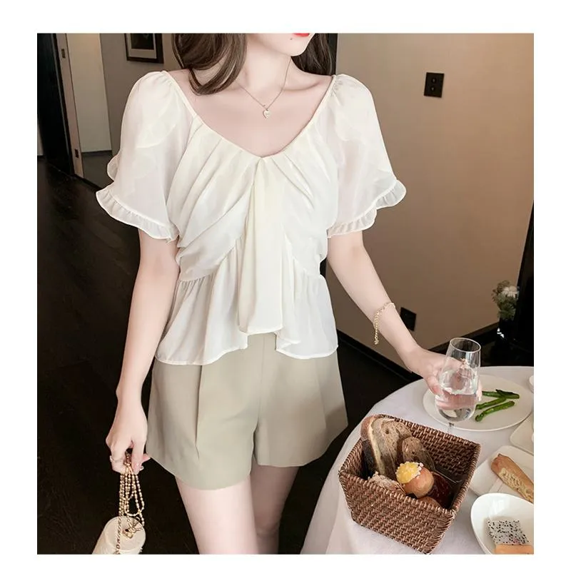 Fairy Flounce Sleeves Gentle V-Neck Chiffon Blouse