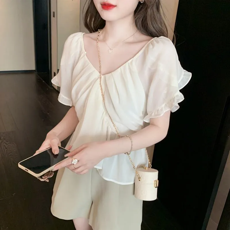 Fairy Flounce Sleeves Gentle V-Neck Chiffon Blouse