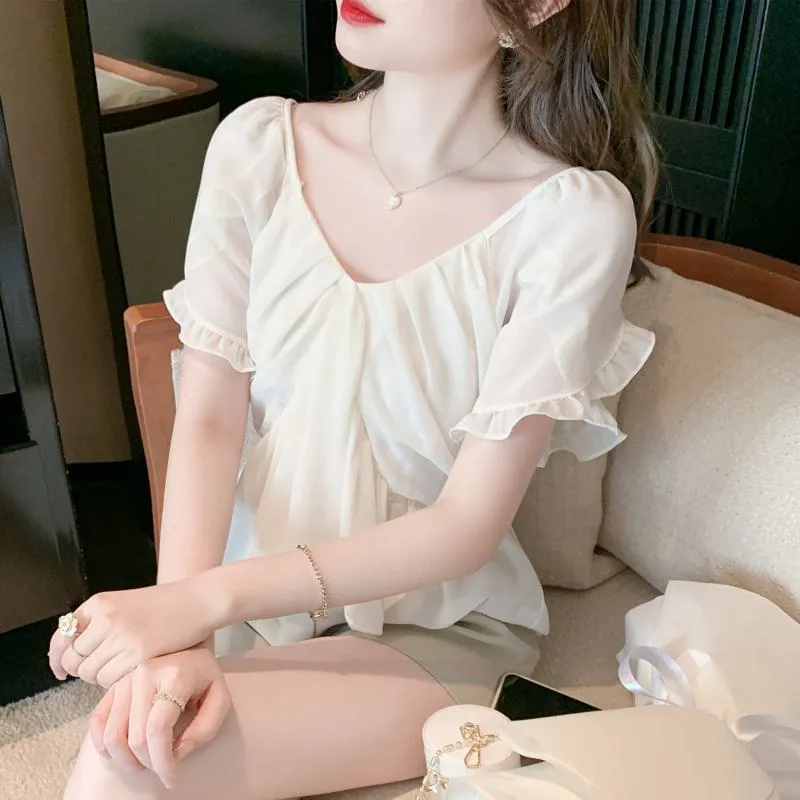 Fairy Flounce Sleeves Gentle V-Neck Chiffon Blouse