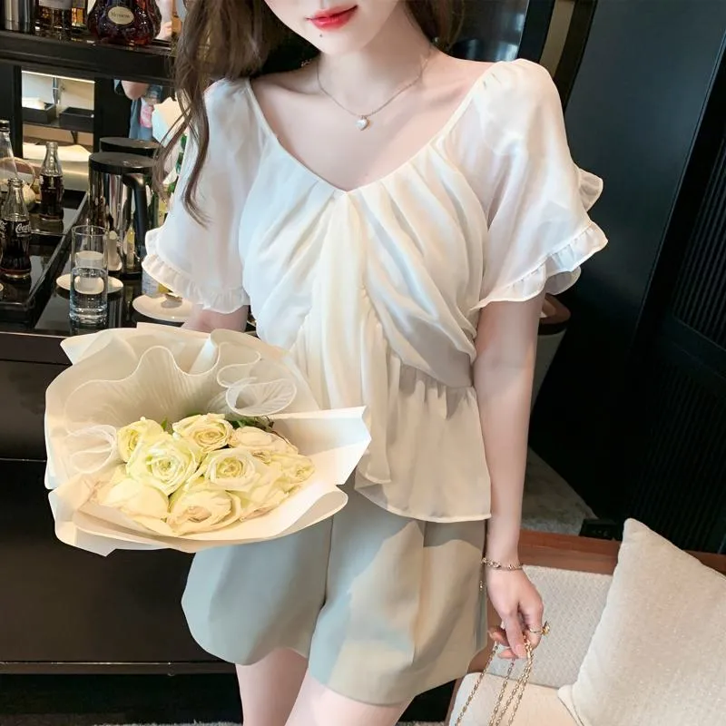 Fairy Flounce Sleeves Gentle V-Neck Chiffon Blouse