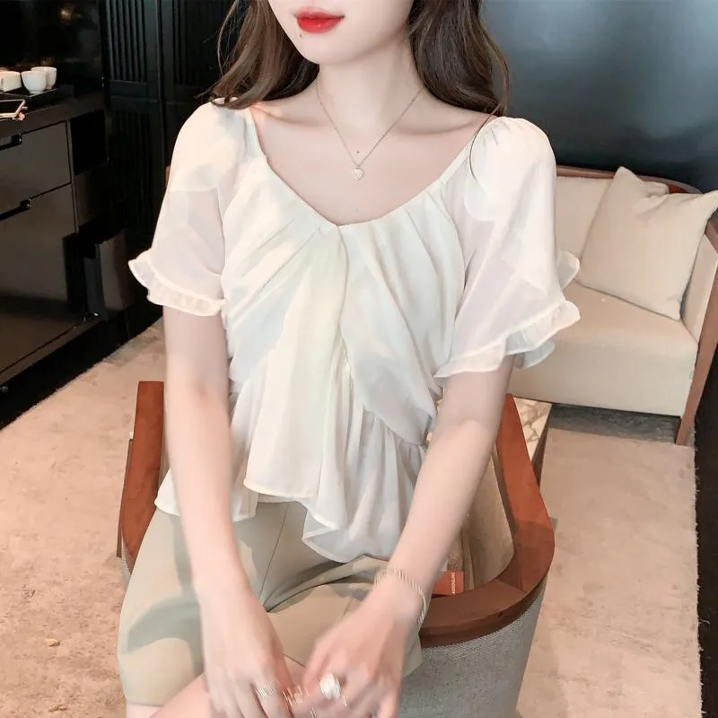 Fairy Flounce Sleeves Gentle V-Neck Chiffon Blouse