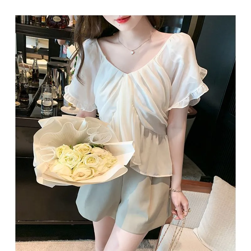 Fairy Flounce Sleeves Gentle V-Neck Chiffon Blouse