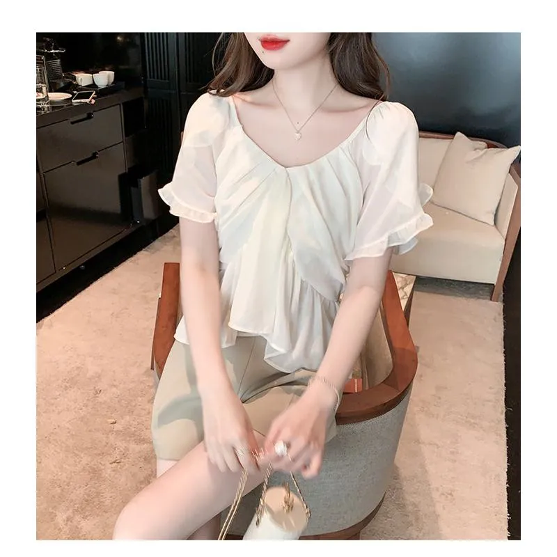 Fairy Flounce Sleeves Gentle V-Neck Chiffon Blouse