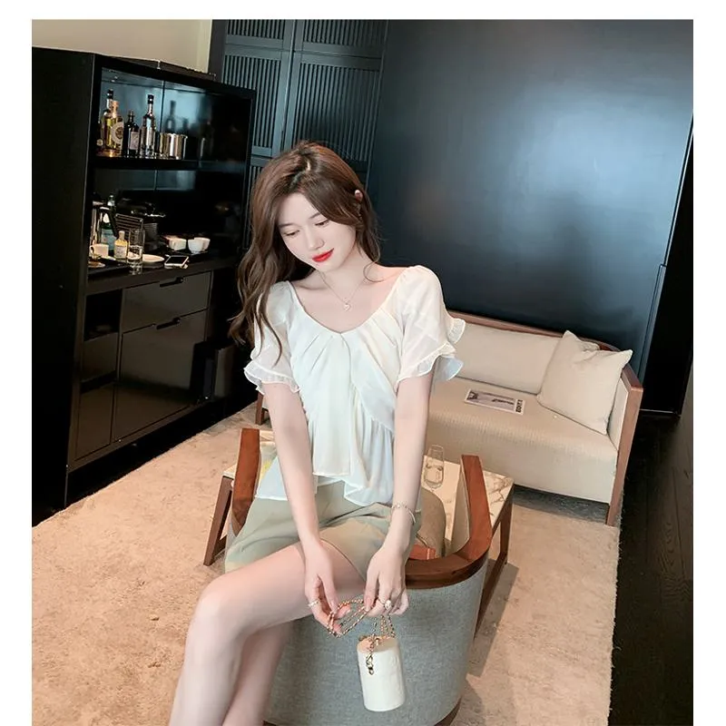 Fairy Flounce Sleeves Gentle V-Neck Chiffon Blouse