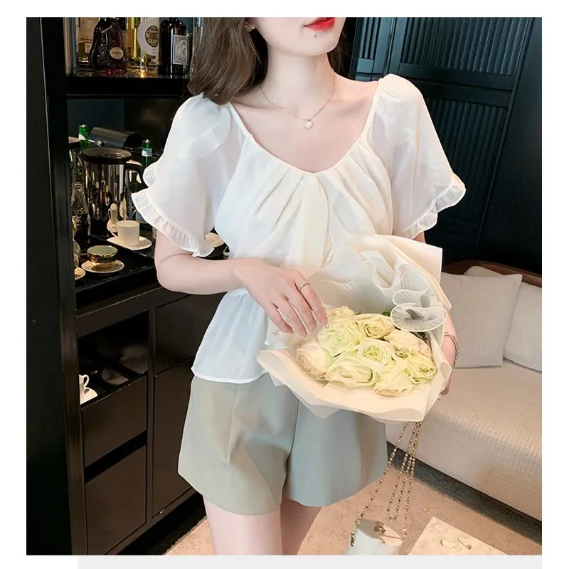 Fairy Flounce Sleeves Gentle V-Neck Chiffon Blouse