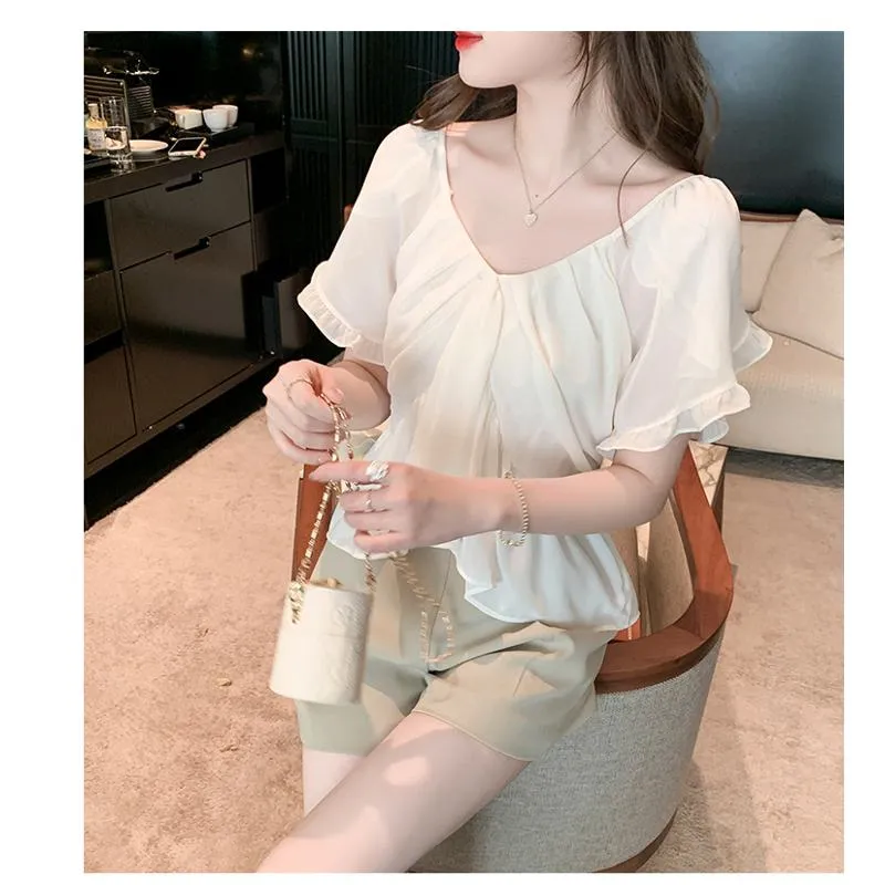 Fairy Flounce Sleeves Gentle V-Neck Chiffon Blouse